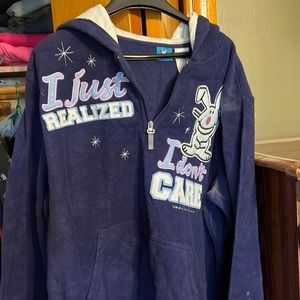 3X fleece pull over 1/2 zipper with wording …. I just realized…. I don’t care